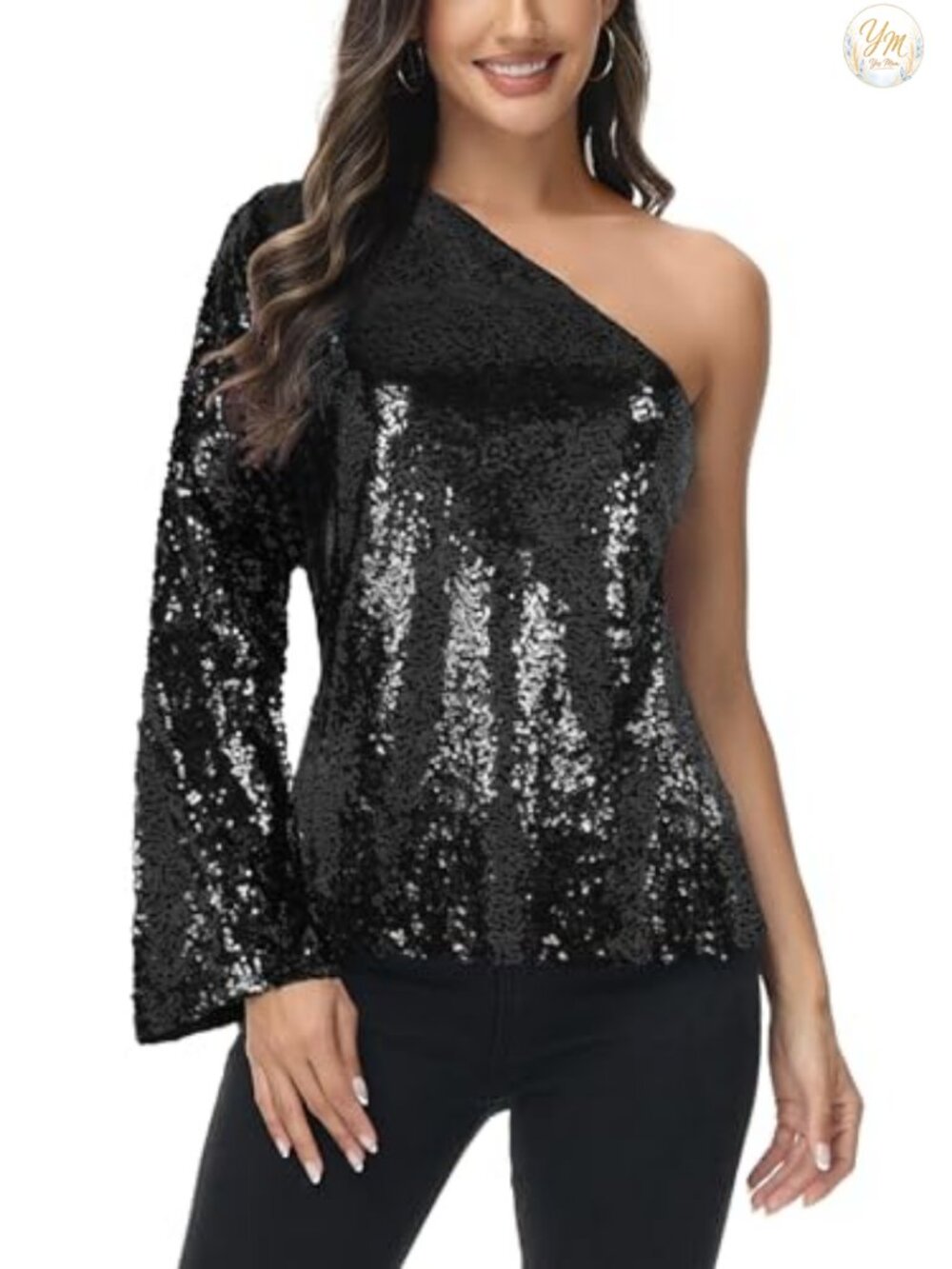 Women's Sequin One Shoulder Long Sleeve Party Top Blouse Fitted Sparkly Shirt